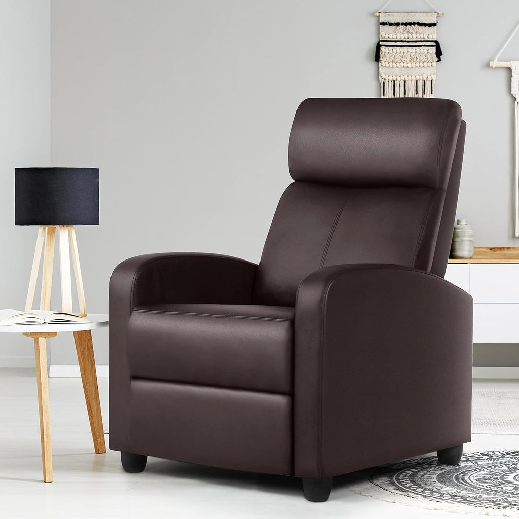 Topeakmart PU Leather Recliner Chair Living Room Single Sofa Home Theater Seating with Lumbar Support Overstuffed High-Density Sponge Manual Push Back Recliners Brown