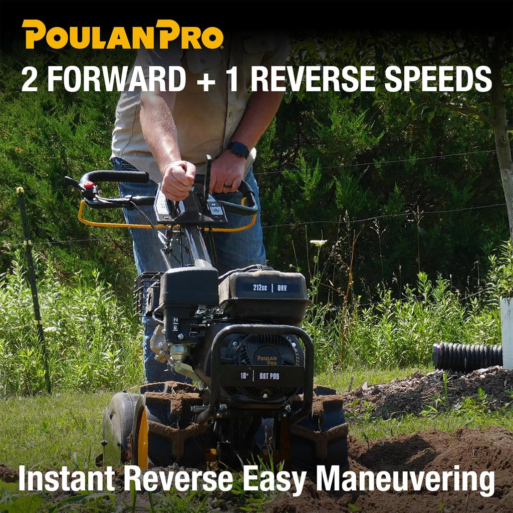 Poulan Pro Dual Direction Rear Tine Tiller, 212cc 4 Cycle Gas Engine, Full Gear Transmission, Dual Rotating Tines, Airless Tires, Instant Reverse 18 Inch Gas Tiller for Gardon and Farm
