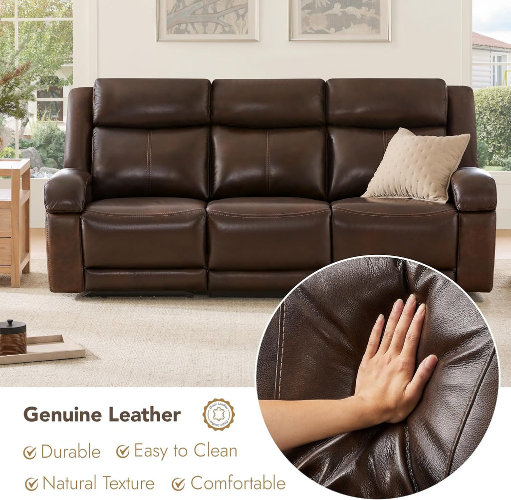 Watson & Whitely Genuine Leather Power Recliner Sofa, 3 Seater Wall Hugger Reclining Sofas with Power Headrest, USB & TypeC Ports, Electric Recliner Couch Set for Living Room, Dark Brown