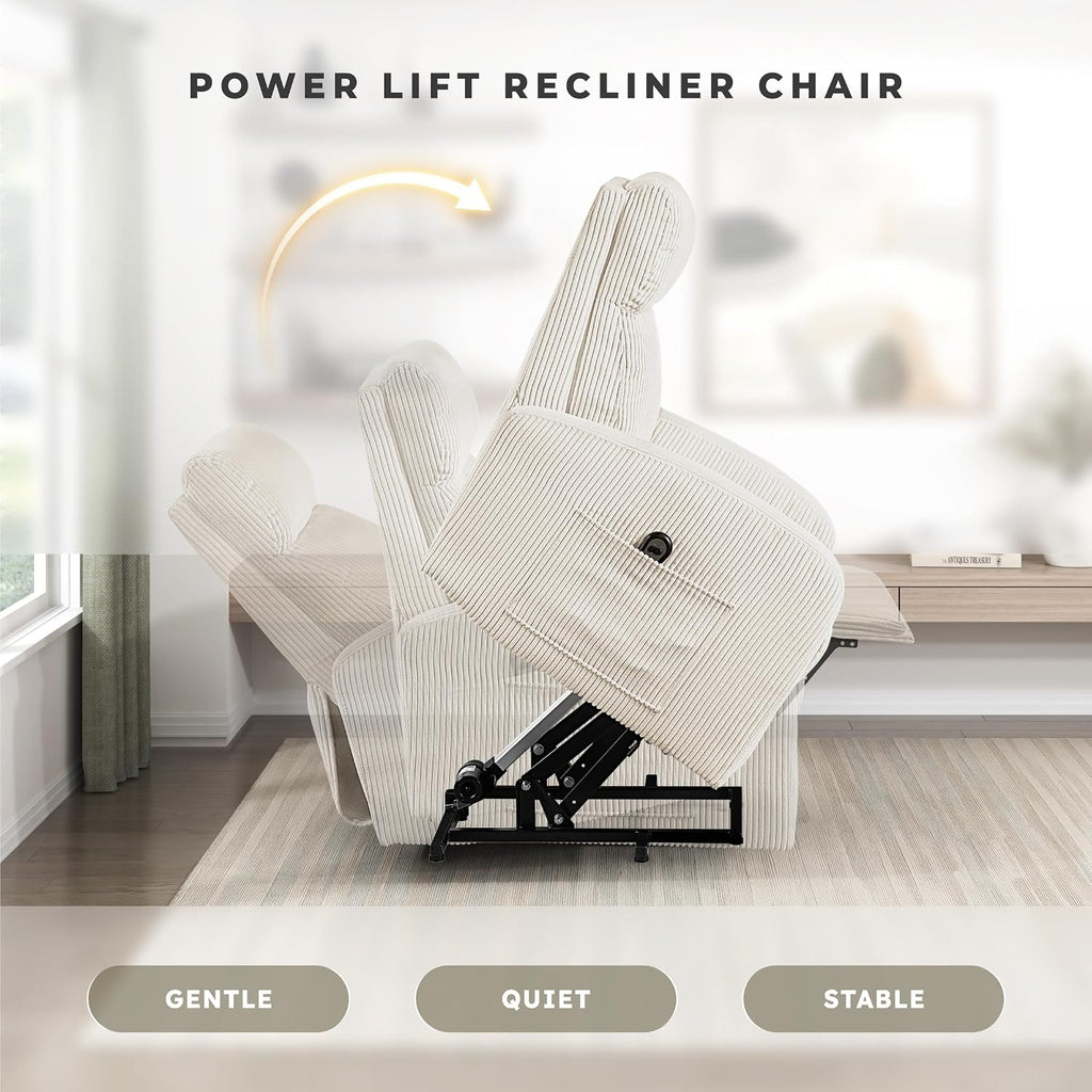 Lexicon Power Lift Recliner Chair for Elderly with Remote Control, Gentle Lift Motion, Side Pocket Armrest, Corduroy Upholstered Electric Recliner for Living Room/Bedroom, Easy Assembly, Beige