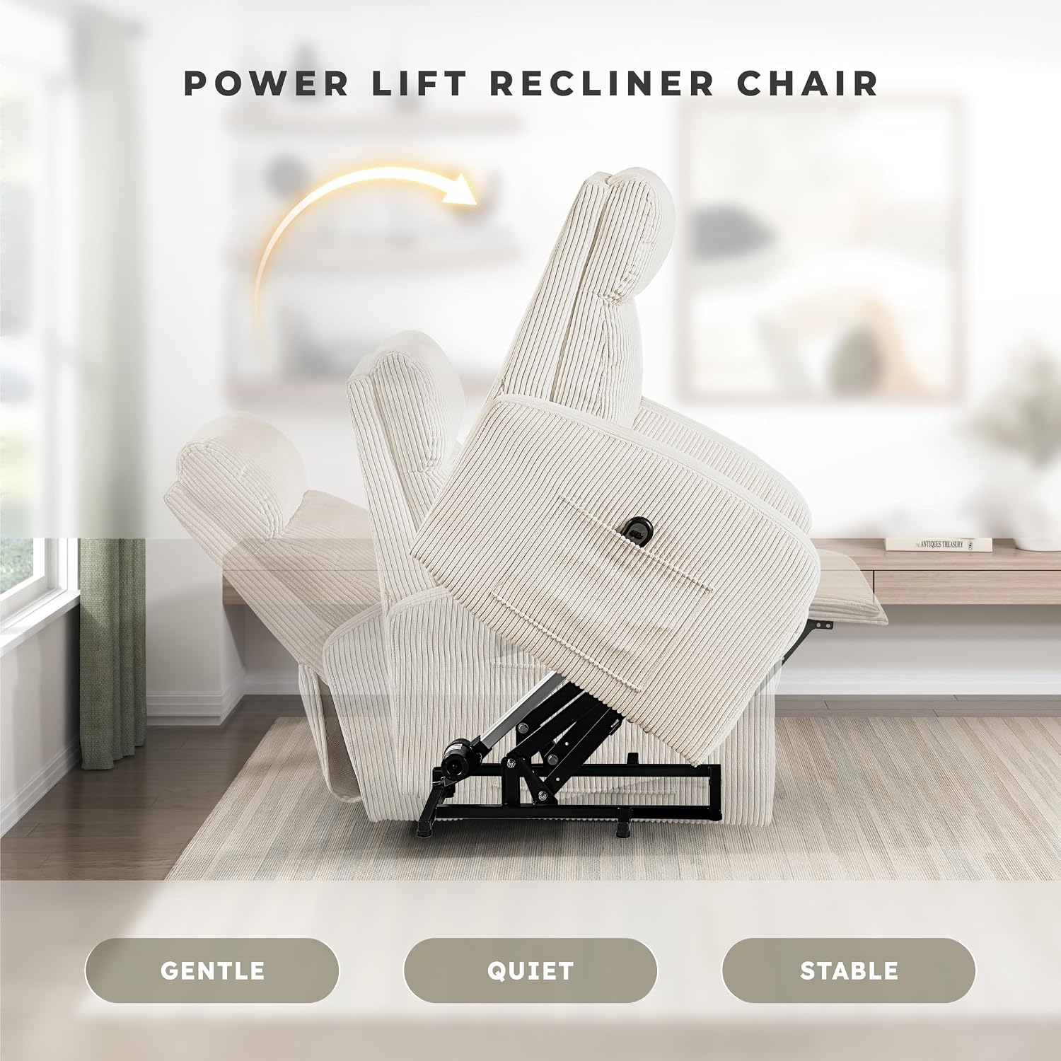Lexicon Power Lift Recliner Chair for Elderly with Remote Control, Gentle Lift Motion, Side Pocket Armrest, Corduroy Upholstered Electric Recliner for Living Room/Bedroom, Easy Assembly, Beige