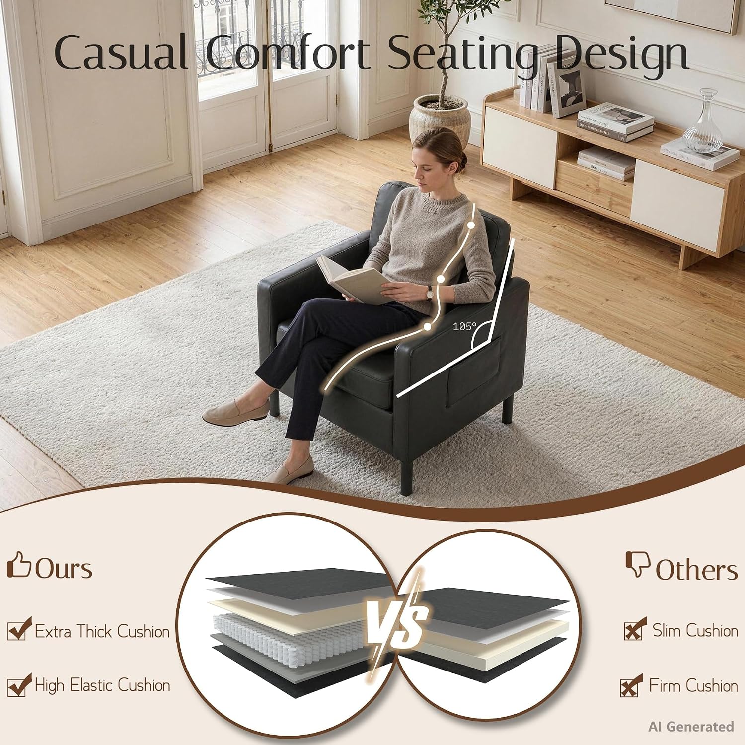 AODAILIHB Black Leather Accent Chair, Modern Accent Chairs with Arms, Small Chair with 2 Pocket/Thick Cushion Comfy Single Seat Sofa Couch for Living Room/Waiting Room/Office (1, Black)