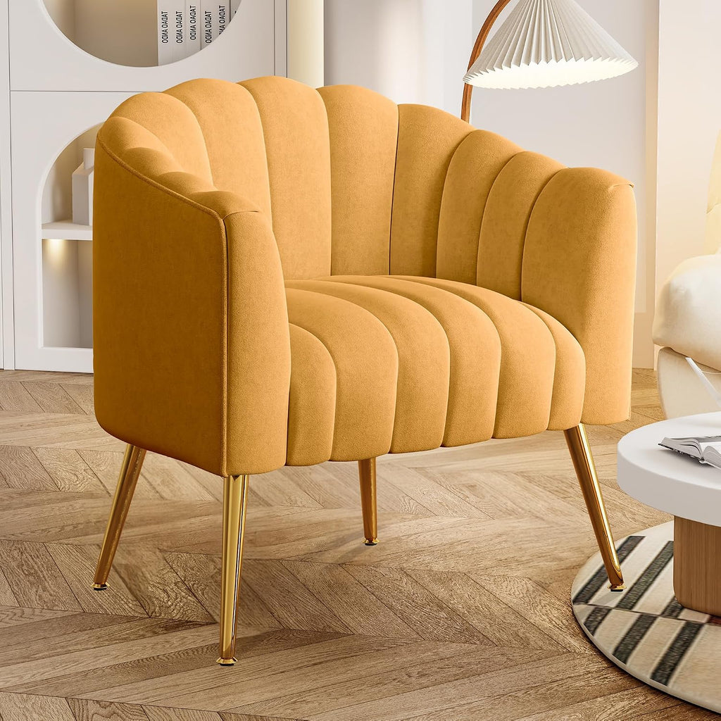 Dewhut Oversized Pumpkin Couch Accent Chair, Modern Comfy Velvet Upholstered Barrel Chairs, Luxury Single Sofa Armchair for Living Room, Waiting Room, Office and Vanity, (Mustard)