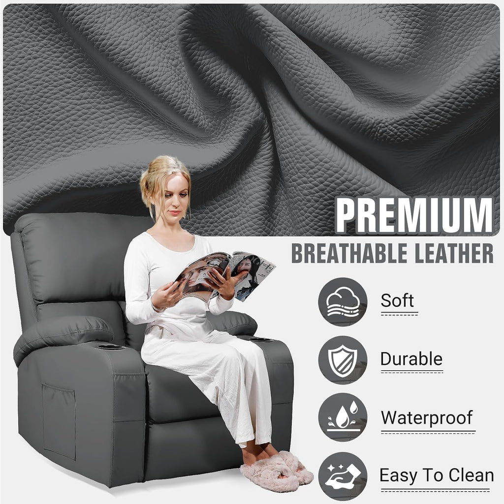 LEVELEVE Rocking Recliner Chair, Massage Rocker Recliner Chair with Vibration Massage and Heat, 360° Swivel Faux Leather Chairs, Living Room, Bedroom, Nursery, RV, Dark Grey