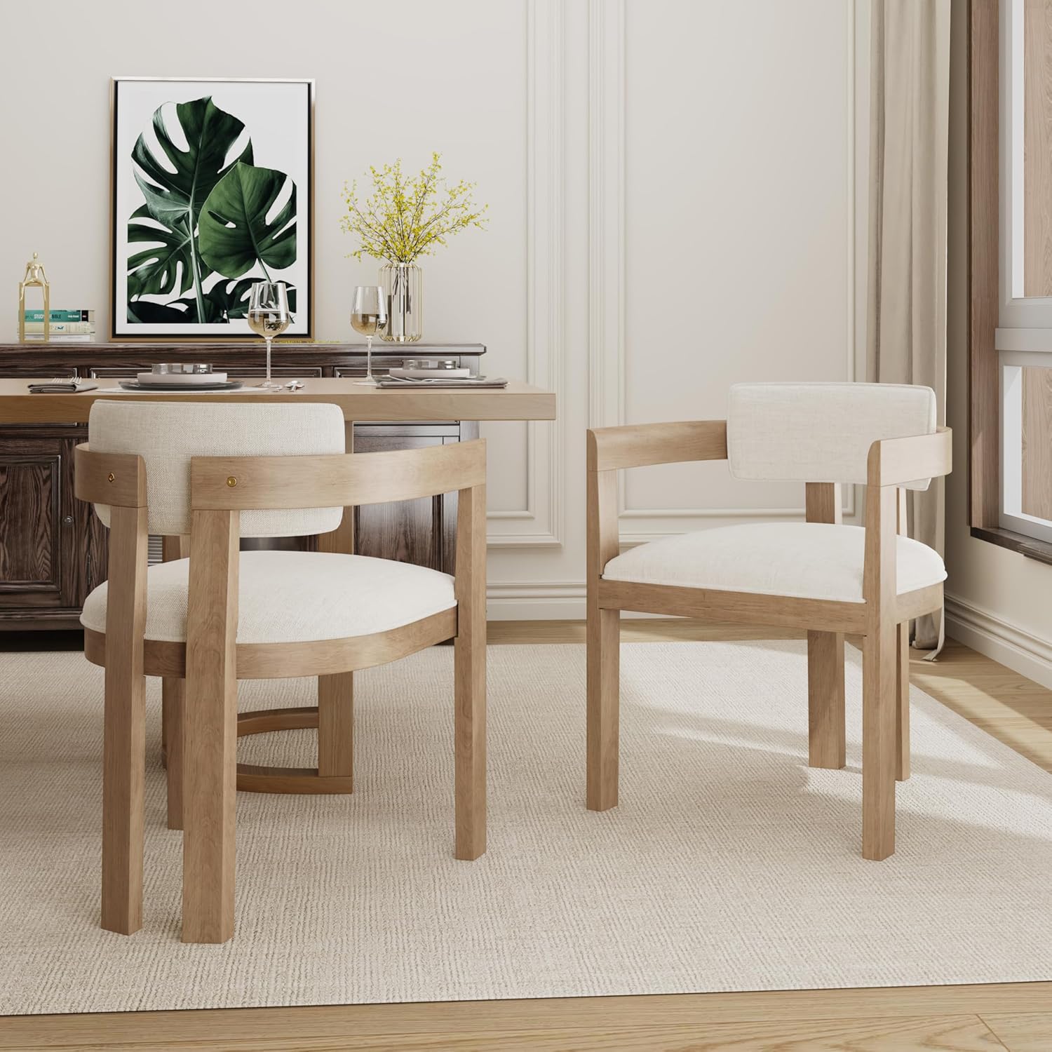 Christopher Knight Home Falcon Fabric Upholstered Dining Chairs Set of 2, Modern Wooden Dining Armchair, Curved Backrest Kitchen Side Chair, Living Room Accent Chair for Extra Seat, Light Ash+Beige