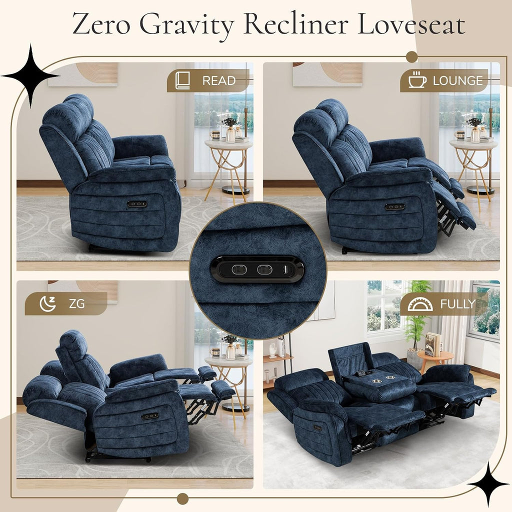 Power Reclining Sofa Set with Zero Gravity, Adjustable Headrest, Electric Reclining Sofa and Loveseat with USB/Type-C Ports, Reclining Living Room Set for Home Theater(Blue, Loveseat + Sofa)