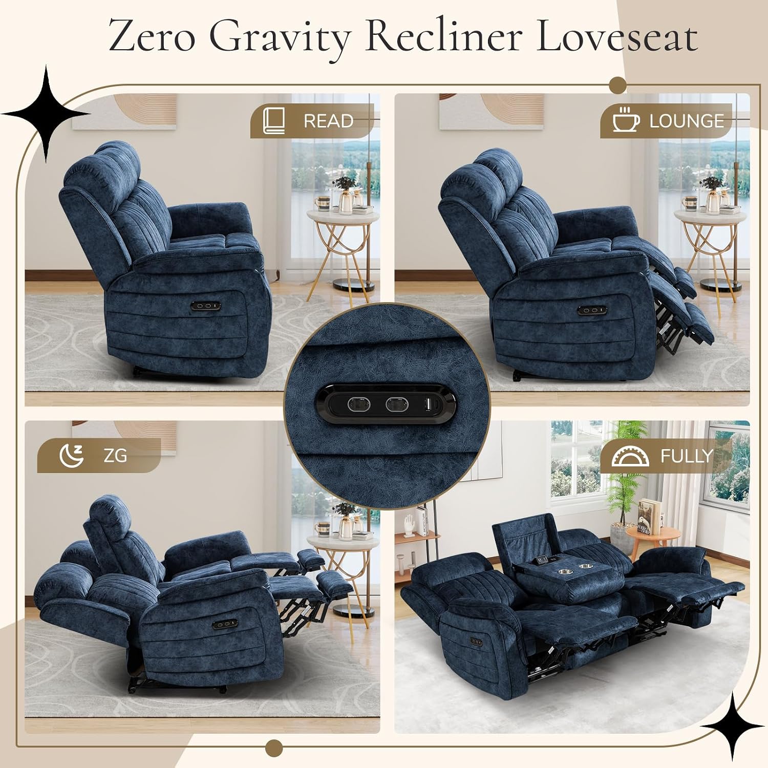 Power Reclining Sofa Set with Zero Gravity, Adjustable Headrest, Electric Reclining Sofa and Loveseat with USB/Type-C Ports, Reclining Living Room Set for Home Theater(Blue, Loveseat + Sofa)