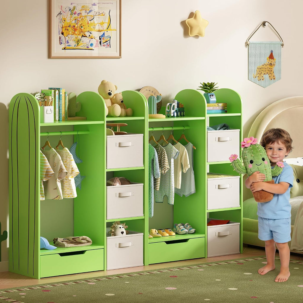 BVIUNTWO Wooden Kids Dress Up Storage Center,Set of 2 Green Cactus Themed Open Wardrobe Closet with Hanging Rod, Bottom Drawer,Children's Costume Organizer & Garment Rack for Playroom,Bedroom