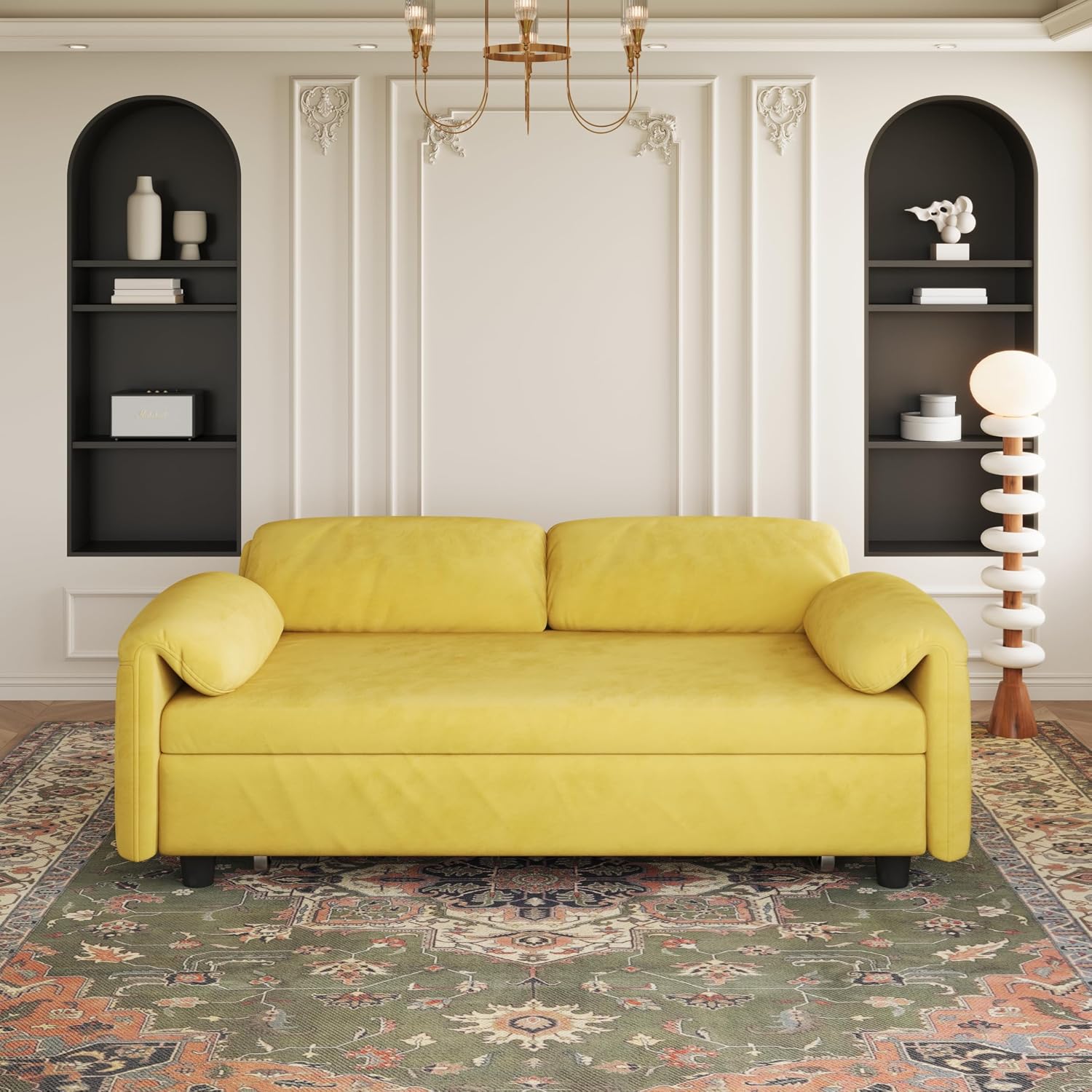 KEIKI Velvet 3 in 1 Convertible Full Sofa Bed with Pull-Out Sleeper, Adjustable Backrest, Side Pockets & Recliner Function, Space-Saving Sofa for Small Rooms, Yellow
