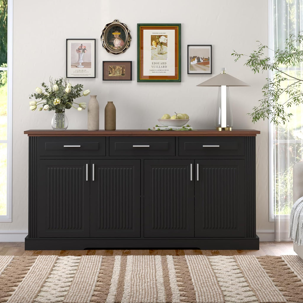 RiteSune Buffet Cabinet with Storage, 63' Modern Farmhouse Coffee Bar Cabinets with 3 Drawers and 4 Doors, Black Sideboard Buffet Cabinet, Wood Buffet Storage Table for Kitchen, Dining Room (Black)