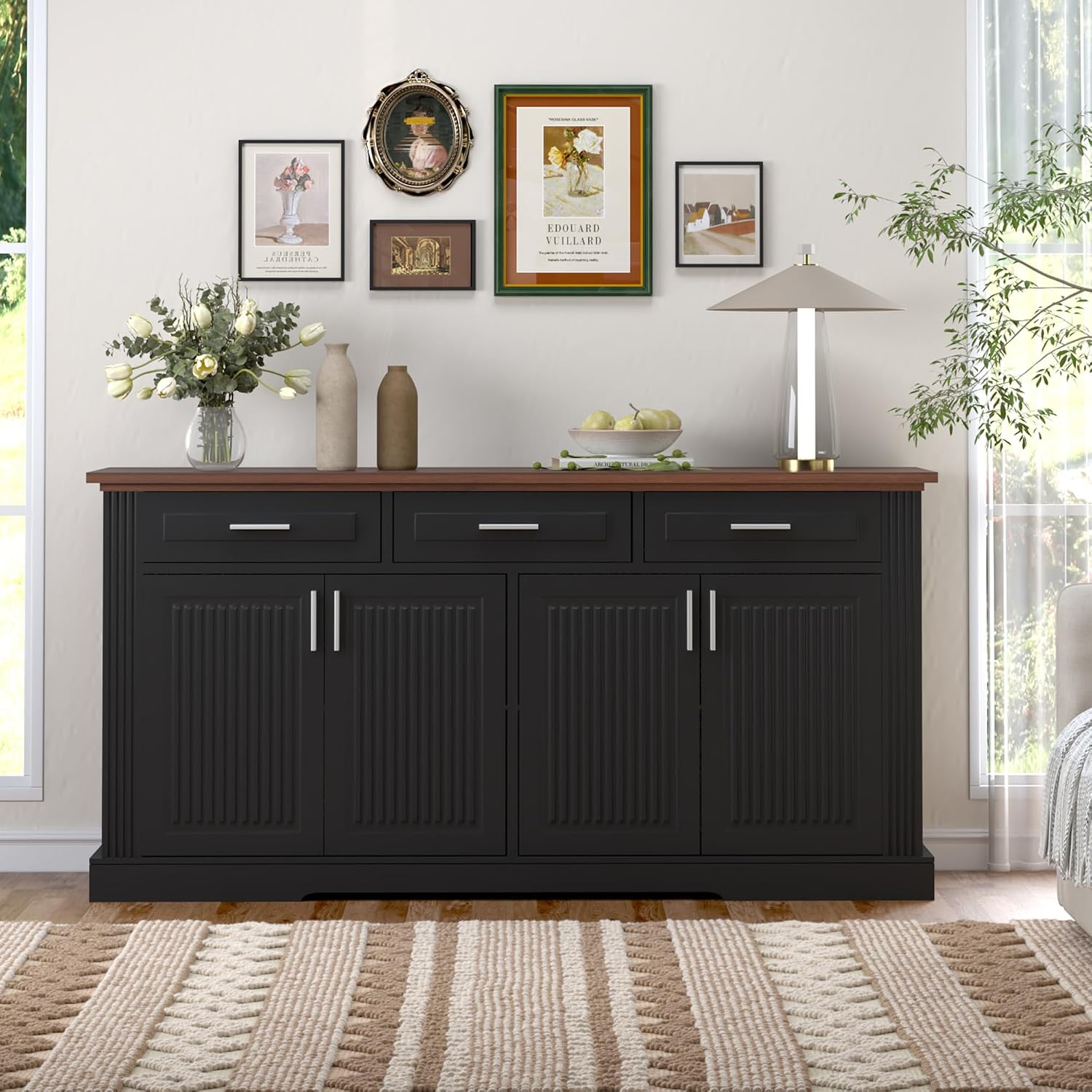RiteSune Buffet Cabinet with Storage, 63' Modern Farmhouse Coffee Bar Cabinets with 3 Drawers and 4 Doors, Black Sideboard Buffet Cabinet, Wood Buffet Storage Table for Kitchen, Dining Room (Black)