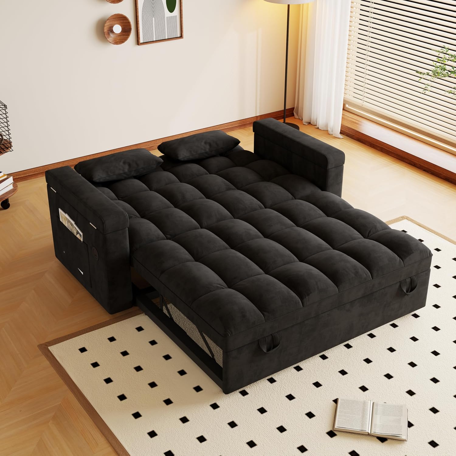 KEIKI 65' Compact 3-in-1 Sofa Bed, Pull-Out Loveseat Sleeper with Built-in USB Ports, Side Table & Storage Arms, Velvet Couch for Studios, Home Office & Guests