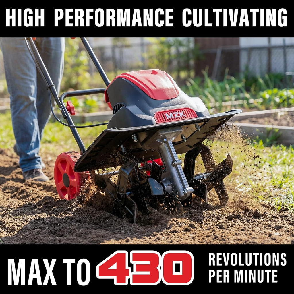 MZK 16-Inch 13.5-Amp Corded Electric Tiller/Cultivator, 8-inch tillling Depth with Adjustable Wheels, Foldable Electric Rototiller for Lawn/Yard/Garden Soil Digging,TC16A08