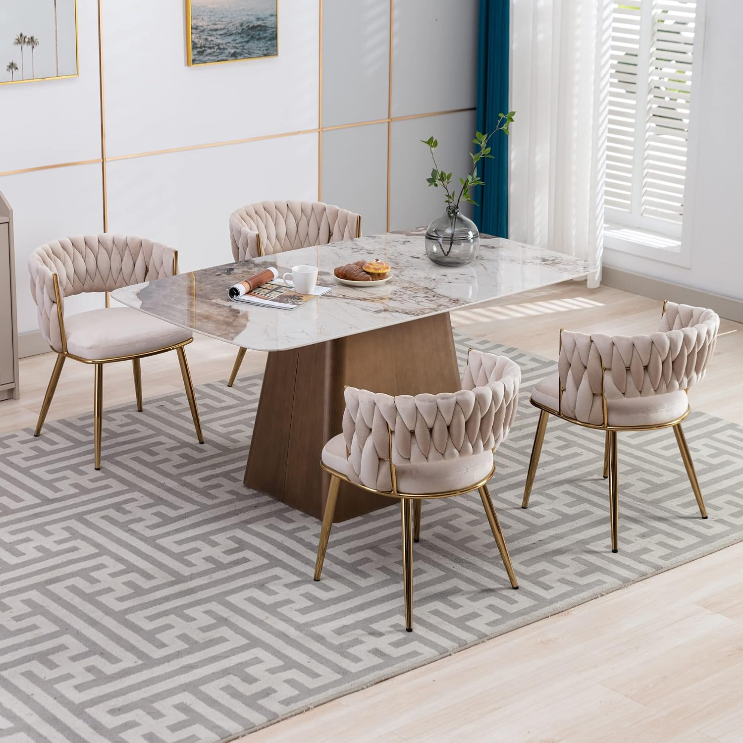 KCC Modern Velvet Dining Chairs Set of 2, Upholstered Living Room Chair with Woven Back and Golden Metal Legs, Mid-Century Accent Side Chair for Living Dining Room, Kitchen, Beige