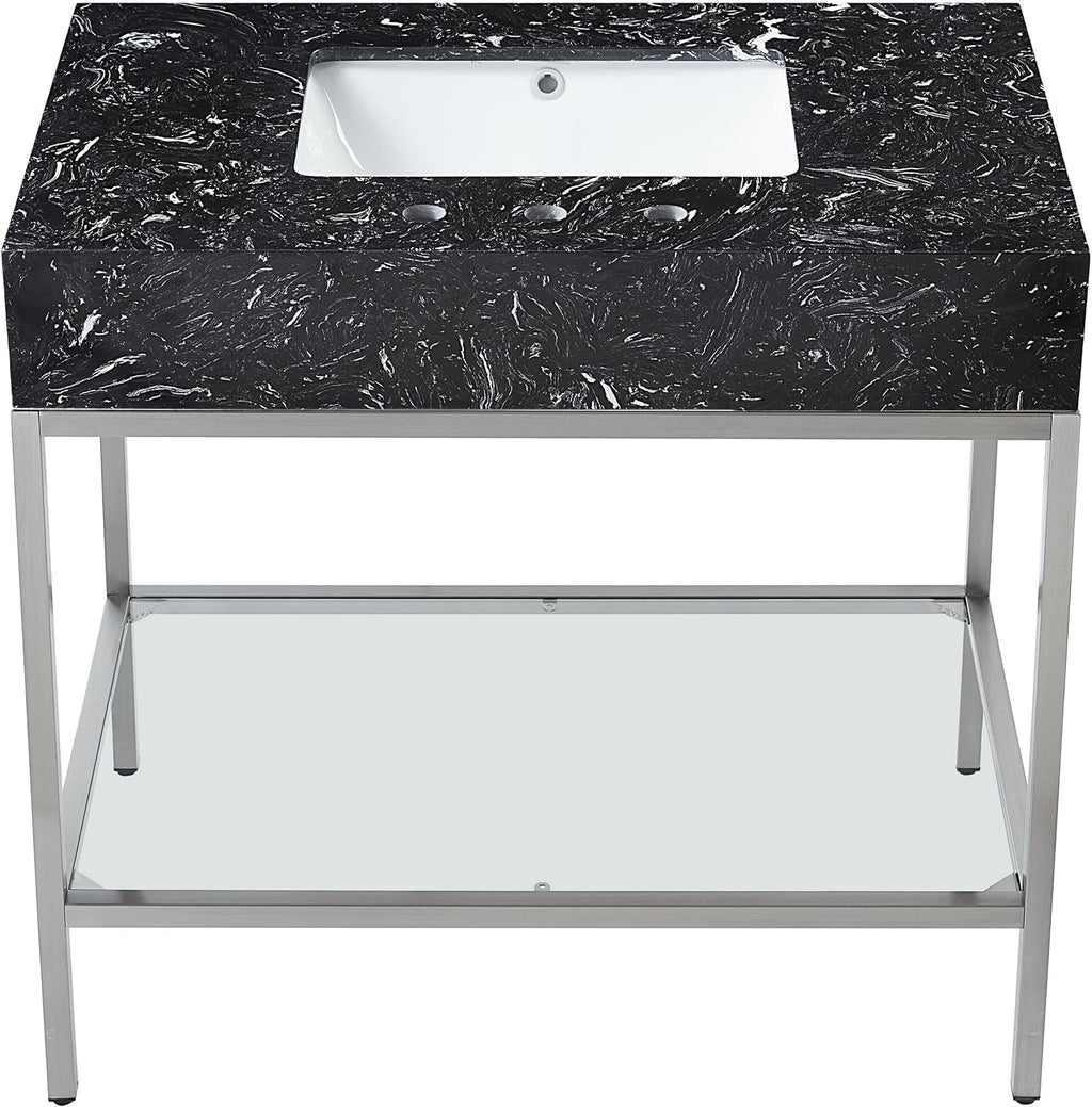 Meridian Furniture 408Black-36 Marmo Collection Modern | Contemporary Bathroom Vanity with Black Engineered Stone with White Veining, Brushed Chrome Stailness Steel Base, 36' W x 23' D x 34' H, Black