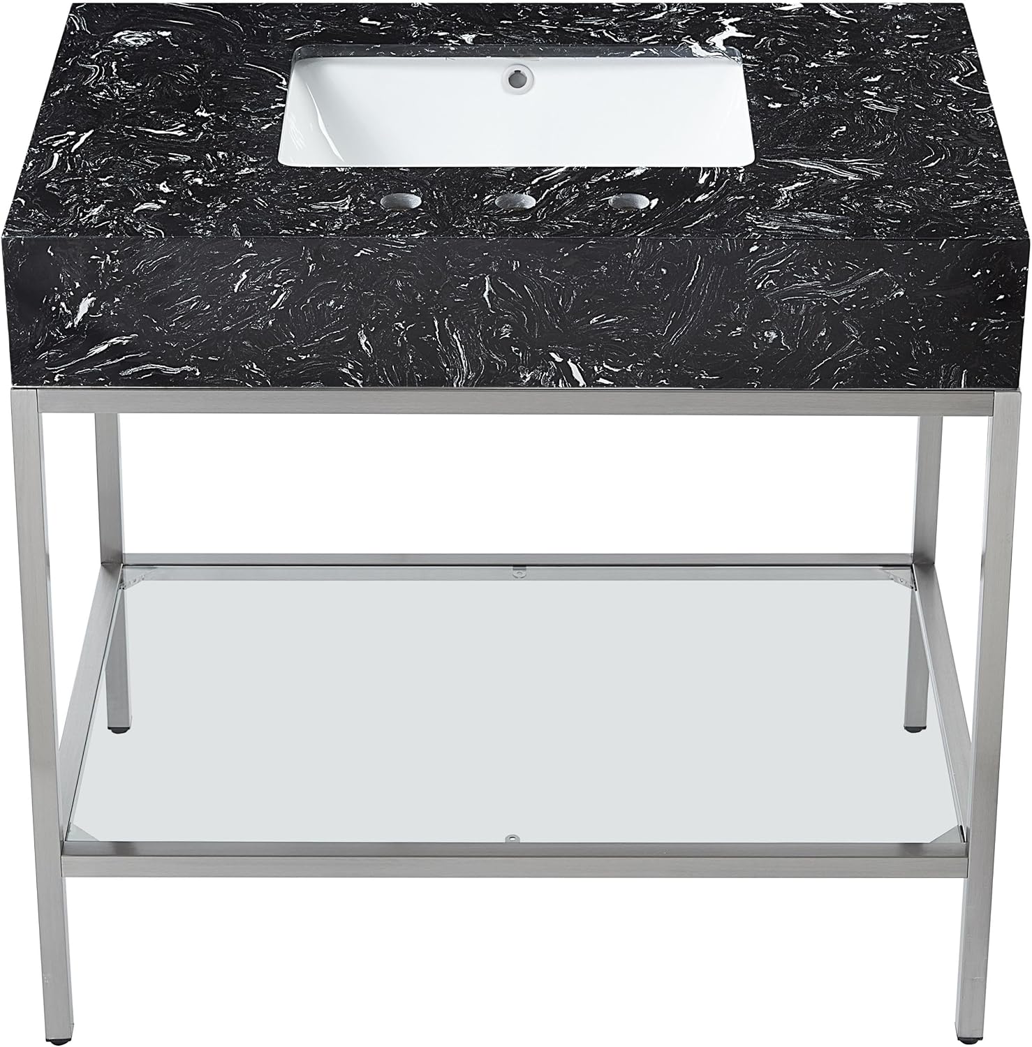 Meridian Furniture 408Black-36 Marmo Collection Modern | Contemporary Bathroom Vanity with Black Engineered Stone with White Veining, Brushed Chrome Stailness Steel Base, 36' W x 23' D x 34' H, Black