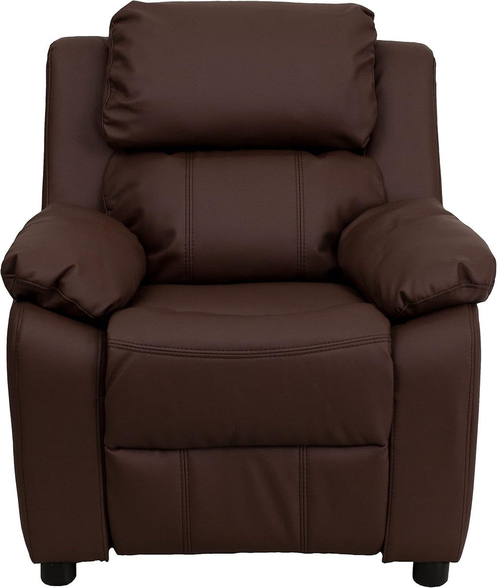 Flash Furniture Charlie LeatherSoft Kids Recliner with Flip-Up Storage Arms and Safety Recline, Contemporary Reclining Chair for Kids, Supports up to 90 lbs., Brown