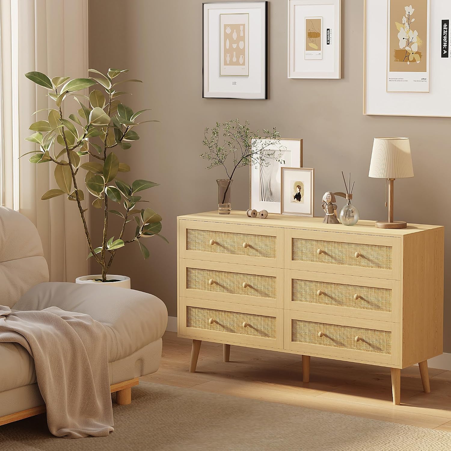 Dresser for Bedroom with 6 Drawer, Natural Rattan Chest of Dressers, Wide Wood Double Dresser, Wooden TV Stand Closet Storage Furniture, Boho Small Clothes Organizer for Hallway, Living Room, Entryway