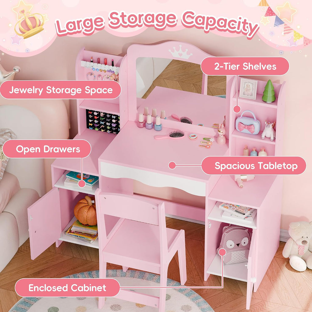 MU Kids Vanity, Girl Vanity Set with Mirror and Stool, 2 in 1 Toddler Makeup Vanity Table with Jewelry Storage, Wooden Princess Makeup Desk Dressing Table for Little Girls, (Pink)