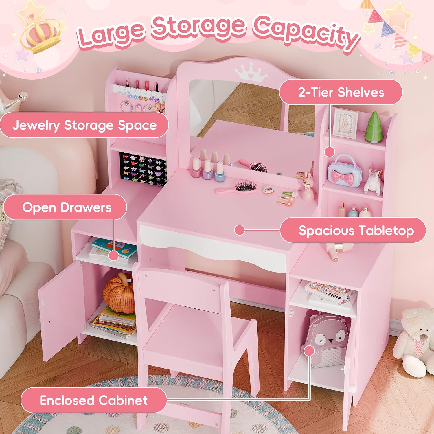 MU Kids Vanity, Girl Vanity Set with Mirror and Stool, 2 in 1 Toddler Makeup Vanity Table with Jewelry Storage, Wooden Princess Makeup Desk Dressing Table for Little Girls, (Pink)