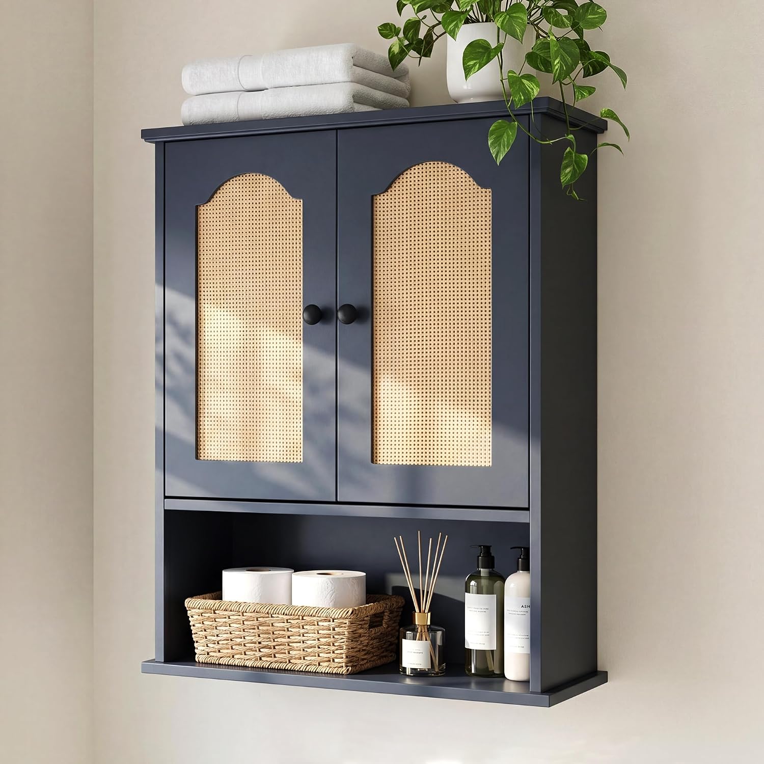 Premium Over The Toilet Storage Cabinet, Boho & Farmhouse Rattan Bathroom Organizer, Adjustable Bottom Bar for Water Valve Clearance, Navy Blue P2 MDF, 24'x30'