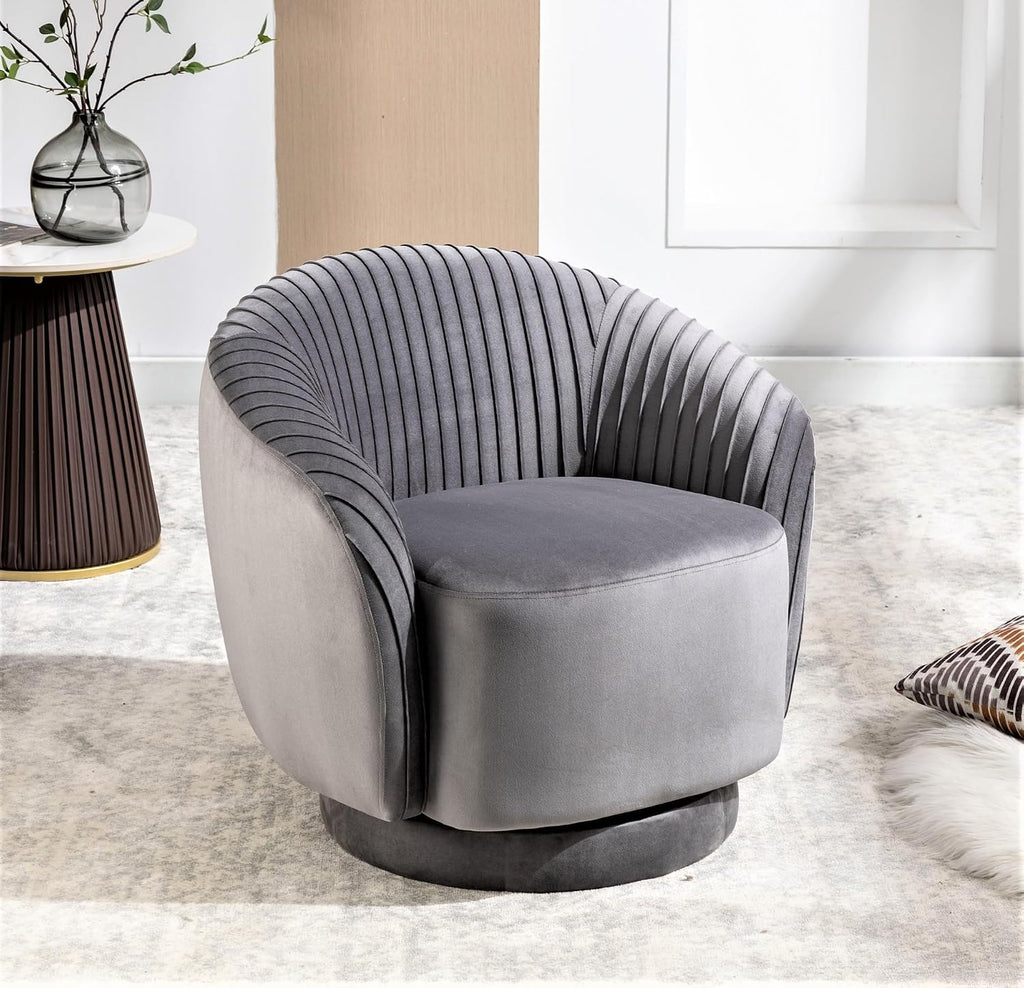 Container Furniture Direct Modern Barrel Swivel Chair with Plush Velvet Upholstery and Smooth 360° Rotation, Round Accent One-Seater Sofa for Living Room, Bedroom, and Office, Grey
