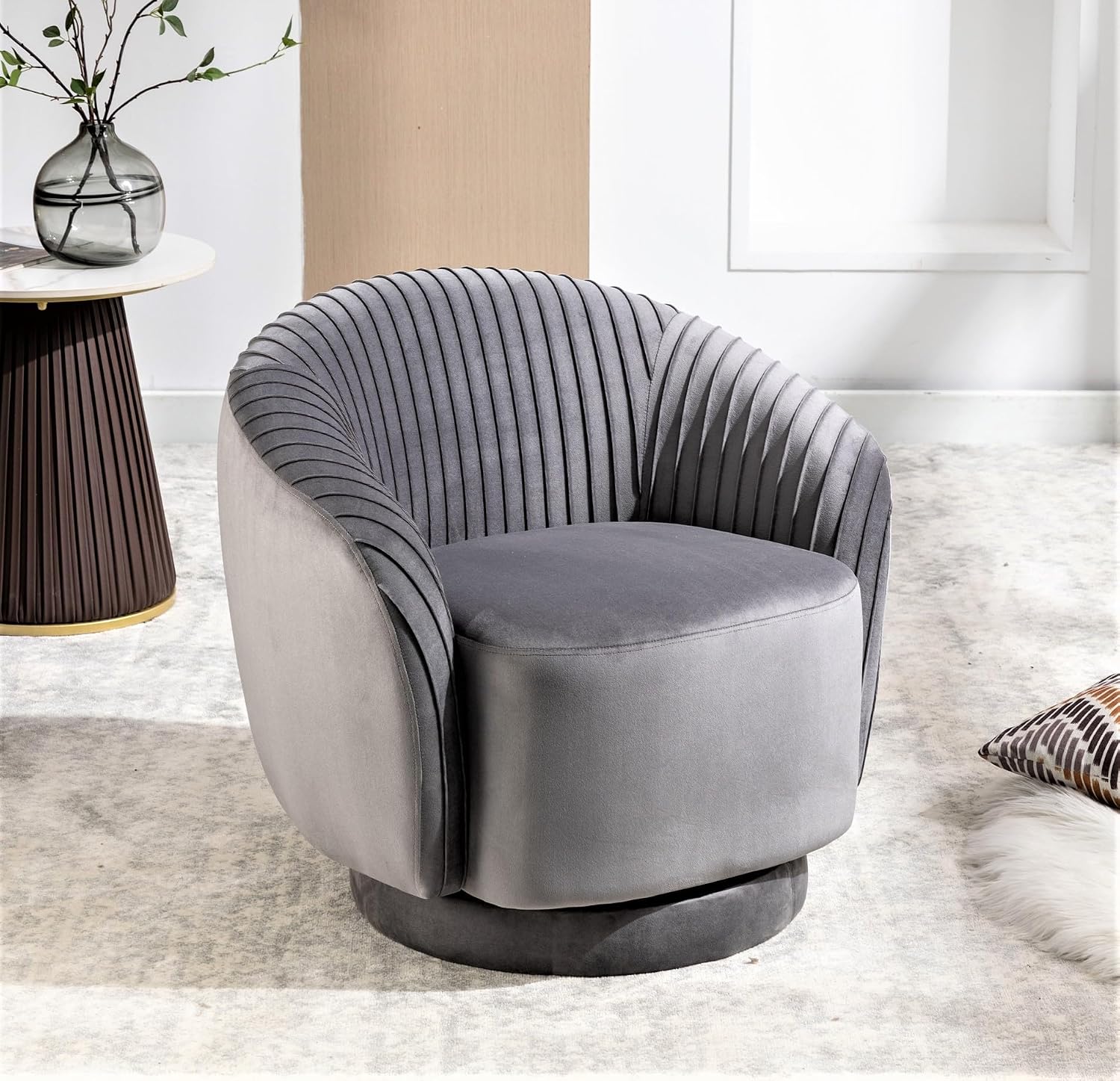 Container Furniture Direct Modern Barrel Swivel Chair with Plush Velvet Upholstery and Smooth 360° Rotation, Round Accent One-Seater Sofa for Living Room, Bedroom, and Office, Grey
