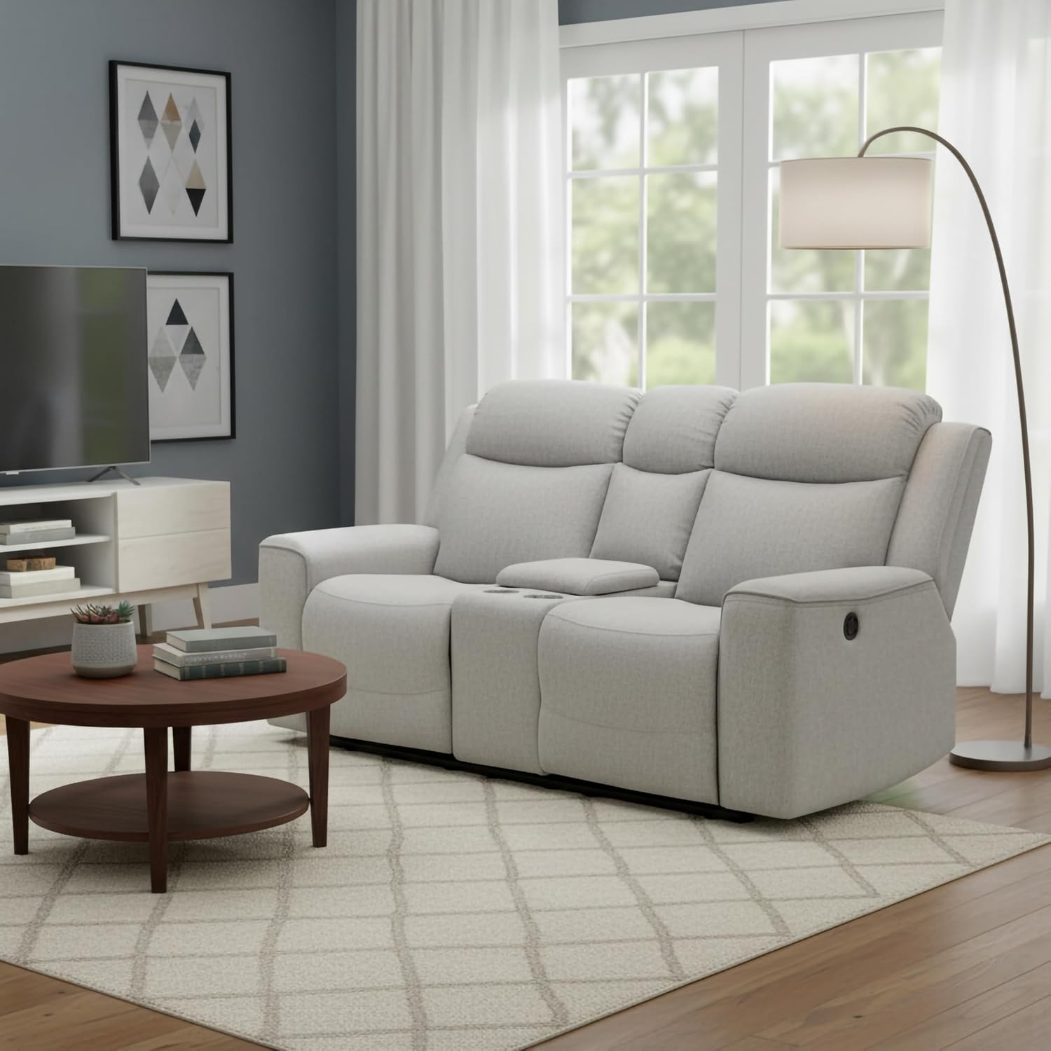 AC Pacific Amelia Upholstered Recliner Loveseat with Storage Console and Cup Holders, Living Room Furniture with Stylish, Comfortable, and Versatile Design for Modern Homes, White