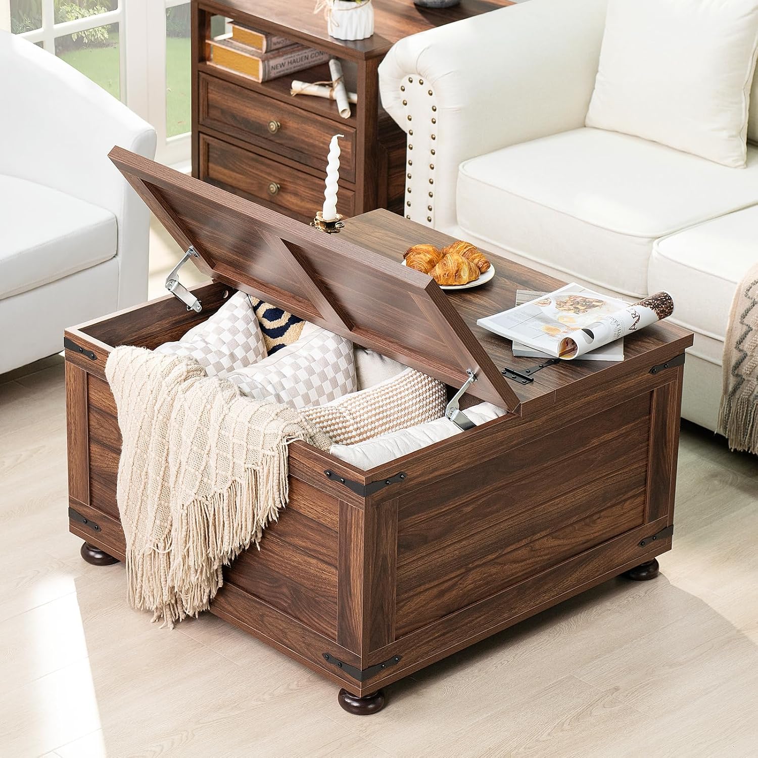 Joaxswe Farmhouse Coffee Table with Hidden Storage,Large Square Center Table for Living Room,Retro Cocktail Tables with Flip-Top Lids, Farm House Tables with Wooden Gourd Feet for Home,Brown Walnut
