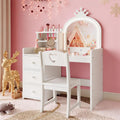 GAOMON Kids Vanity Table and Chair Set with Mirror & LED Lights, 2-in-1 White Princess Wooden Makeup Desk with Storage Shelves and Drawers, Pretend Play, White