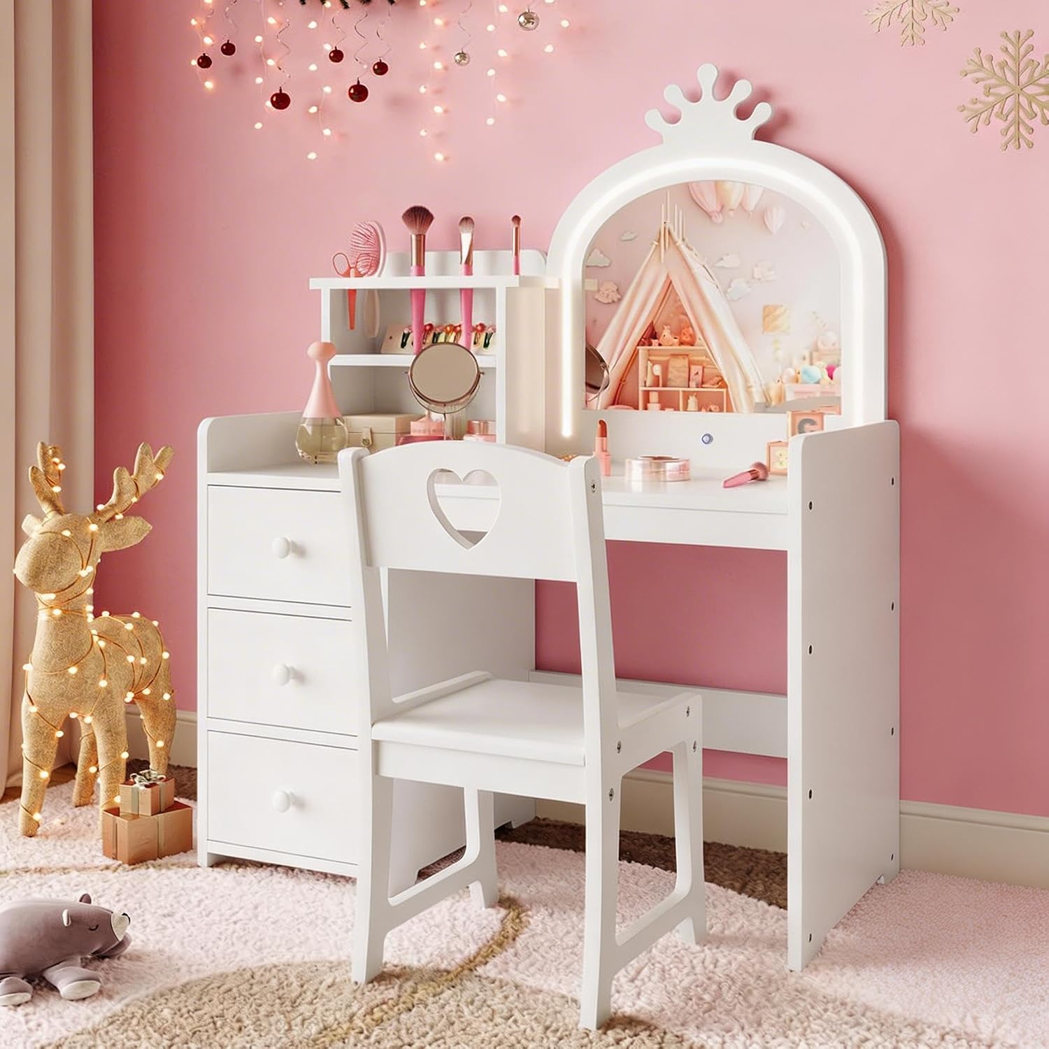 GAOMON Kids Vanity Table and Chair Set with Mirror & LED Lights, 2-in-1 White Princess Wooden Makeup Desk with Storage Shelves and Drawers, Pretend Play, White