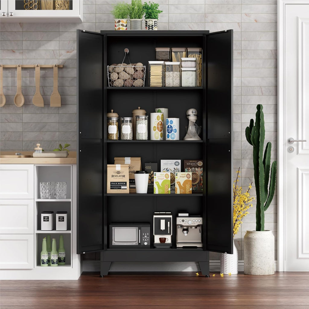 Farmhouse Pantry Cabinet with Barn Doors,61' H x 27.5' W,Metal Cabinet with Adjustable Shelves,4-Tier Storage Cabinet for Kitchen Dining Room Garage Office,Black 1 Pack