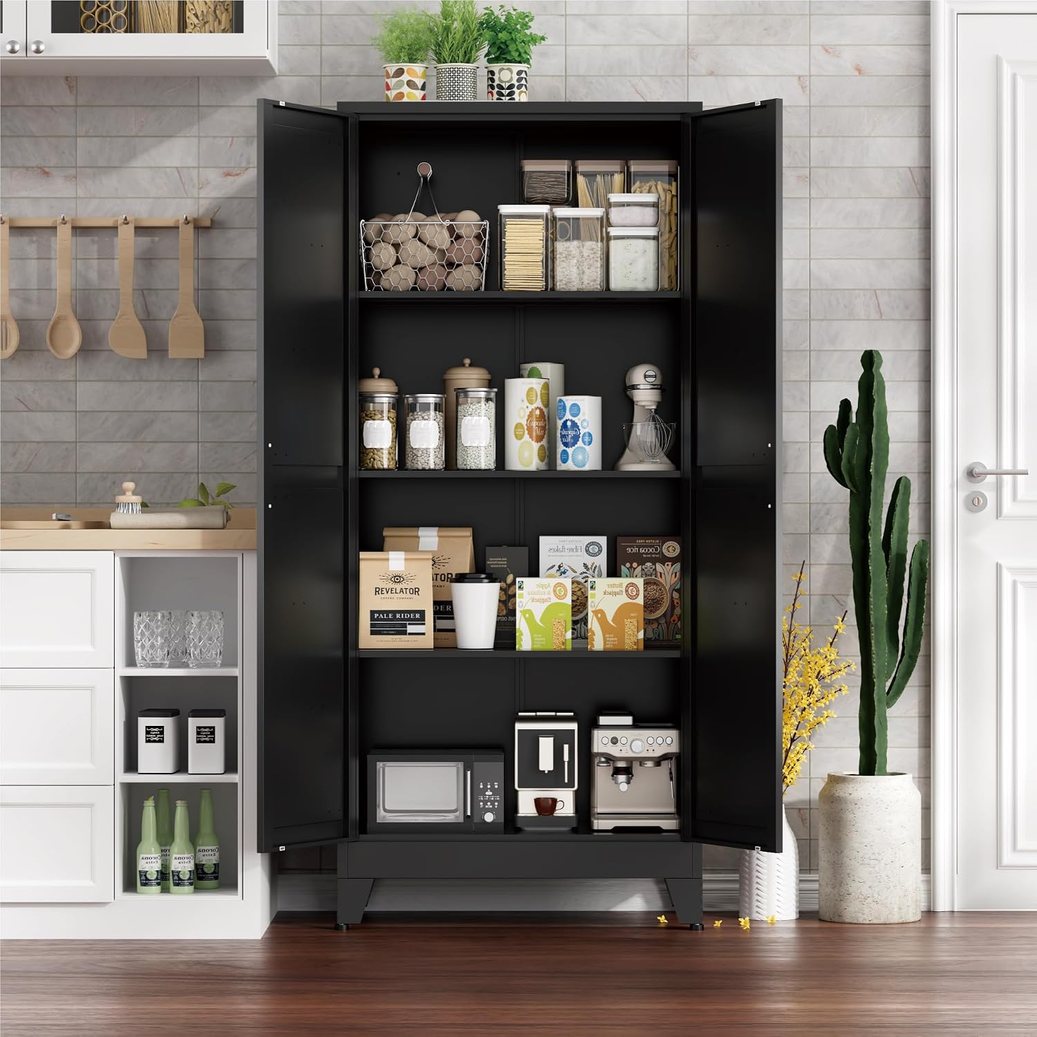 Farmhouse Pantry Cabinet with Barn Doors,61' H x 27.5' W,Metal Cabinet with Adjustable Shelves,4-Tier Storage Cabinet for Kitchen Dining Room Garage Office,Black 1 Pack