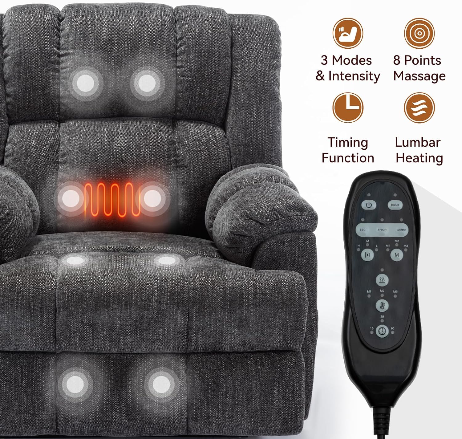 Power Lift Recliner Chair for Elderly, Oversized Chenille Electric Recliners Chairs for Living Room, Dual Motor 180° Lay Flat Recliner Big Sofa with Massage and Heating, Heavy-Duty, Grey