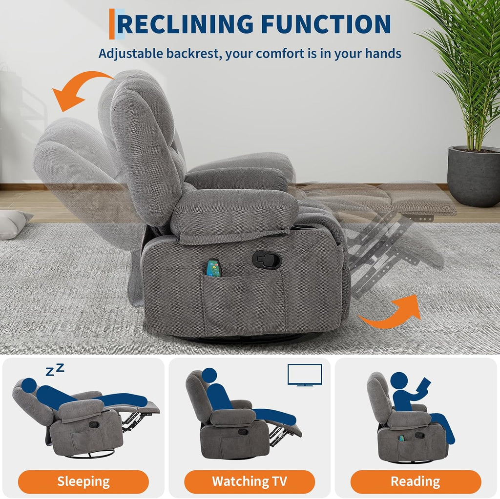 Massage Recliner Chair for Living Room, Chenille Rocker Recliner Chair for Adults with Vibration Massage and Heat, Adjustable Home Theater Seating for Living Room, Bedroom, 360° Swivel, Grey