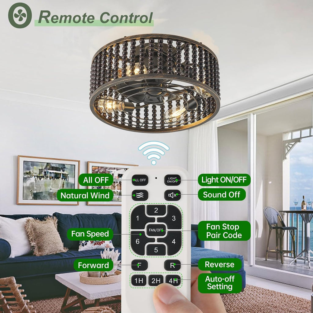 Ceiling Fans with Lights and Remote - Bulbs Included, Caged Fandelier with Handcrafted Beaded Décor 19 inches Reversible Flush Mount Installation Ceiling Fan, Gloss Black