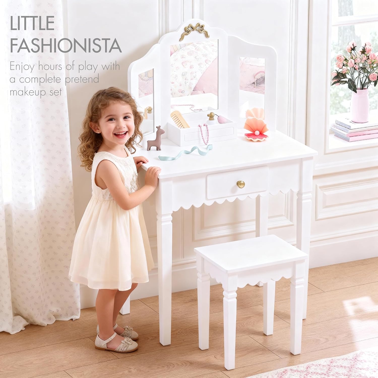 Spirich Kids Vanity Set with Mirror and Stool, Kids Make Up Vanity Desk for Little Girls, Children Makeup Dressing Table with Drawer