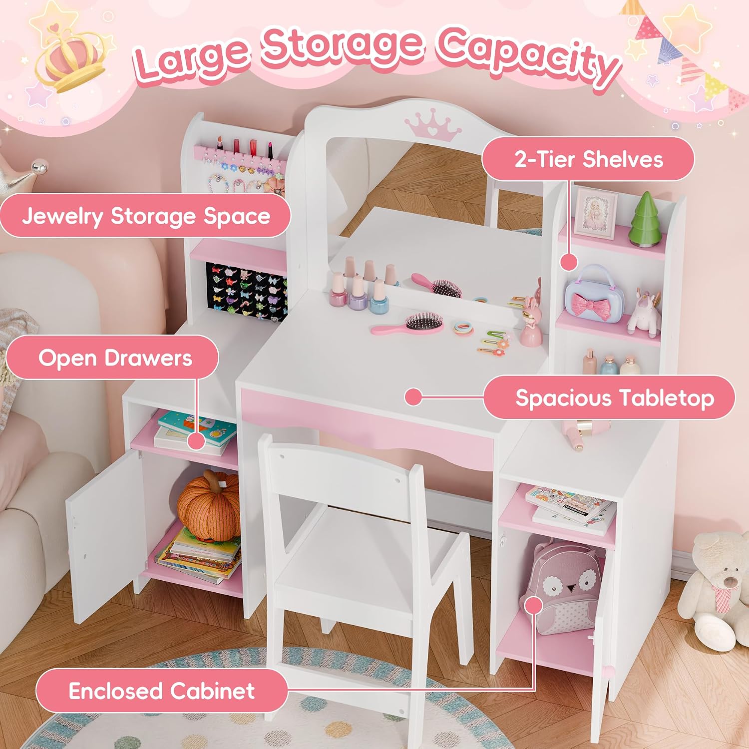 MU Kids Vanity, Girl Vanity Set with Mirror and Stool, 2 in 1 Toddler Makeup Vanity Table with Jewelry Storage, Wooden Princess Makeup Desk Dressing Table for Little Girls, (White)