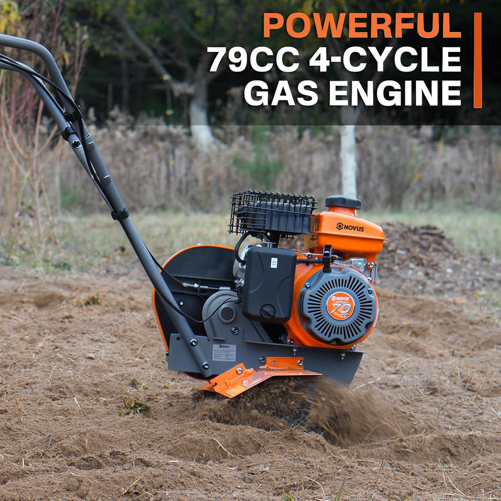 NOVUS 2-in-1 Gas Tiller for Gardening, 4-Cycle Front Tine Tiller Cultivator,9'-17' Tool-Free Tilling Width Adjustment, 24 Steel Tines, Never-Flat Wheels, 79CC Garden Tiller for Lawn, Soil Cultivation