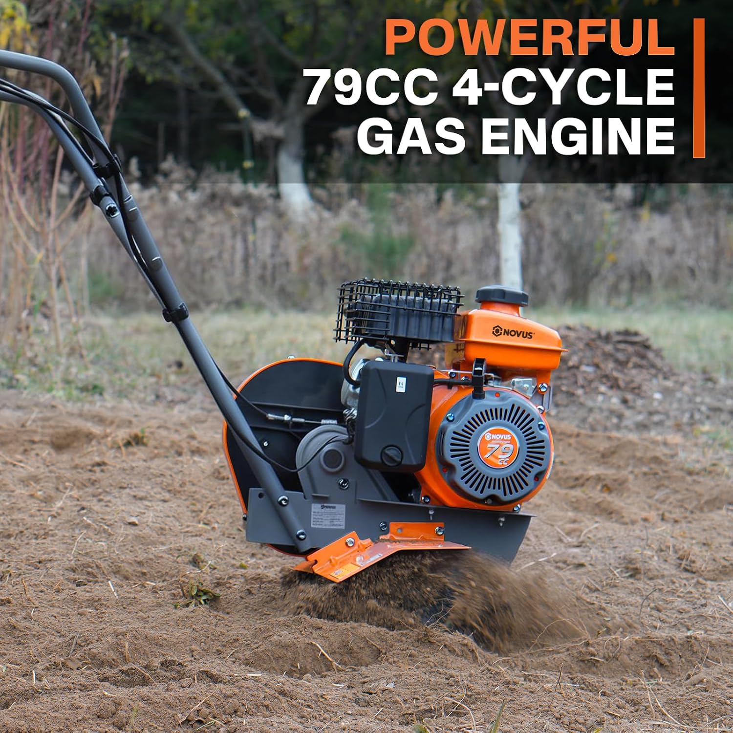 NOVUS 2-in-1 Gas Tiller for Gardening, 4-Cycle Front Tine Tiller Cultivator,9'-17' Tool-Free Tilling Width Adjustment, 24 Steel Tines, Never-Flat Wheels, 79CC Garden Tiller for Lawn, Soil Cultivation