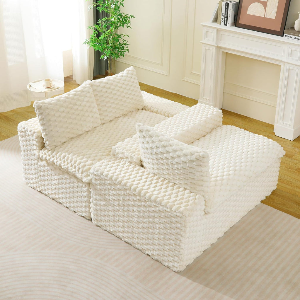KEIKI 120' Modular Boneless Couch Full Chaise for Bedroom, 4-Seater Sectional Couches for Living Room Furniture, Deep Seat Deep Soft Sofa Bed for Living Room Corner Pet Friendly, White