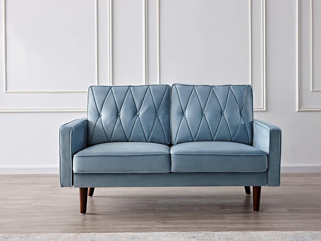 Container Furniture Modern Style Tufted Velvet Couches for Living Room with Soft Fabric Upholstery and Solid Wood Frame, 2 Piece Sofa and Loveseat Set, Light Grayish Cyan