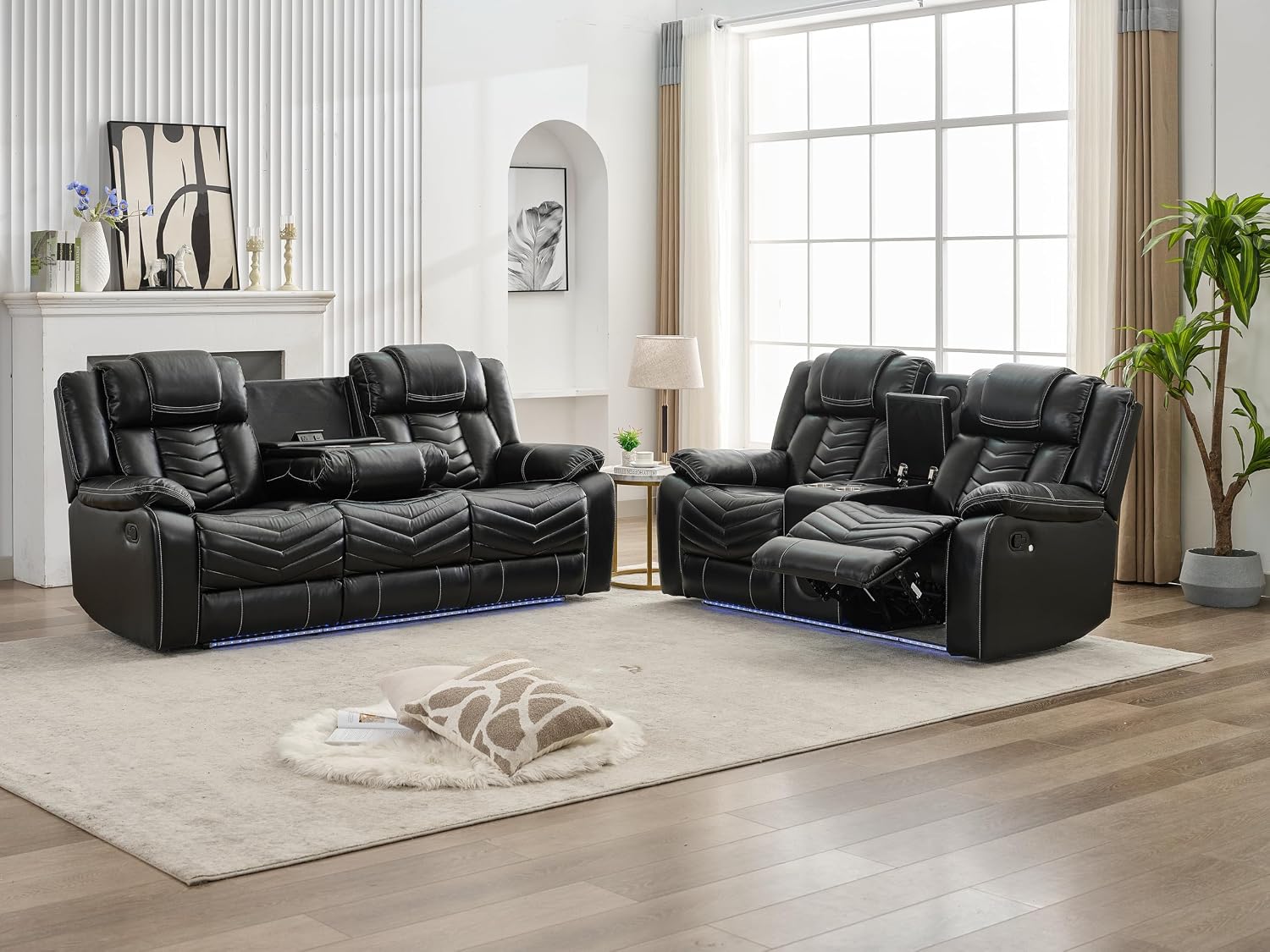 KEIKI 2-Piece Power Reclining Sofa Sets, Technical Leather Loveseat Sofa & 3 Seat Sofa, Living Room Furniture Set with Electric Recliners, Wireless Charger, Cup Holder, Storage Armrest, Black