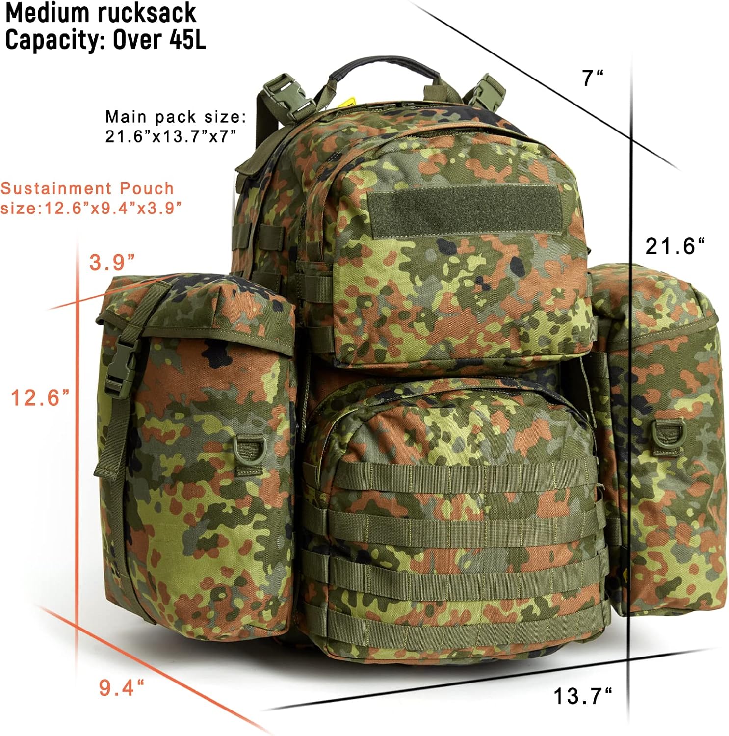 Akmax MOLLE II Medium Rucksack Military Tactical Backpack with Detachable Side Pouches & Upgraded Frame for Enhanced Comfort