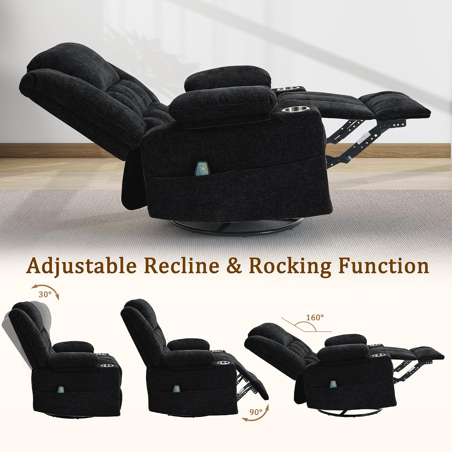 Korser 360° Swivel Rocker Recliner for Adult, Nursery Glider Recliners with Massage & Heating, Rocking Chair with Cup Holder, Manual Recliner Chair for Living Room, Bedroom (Black)
