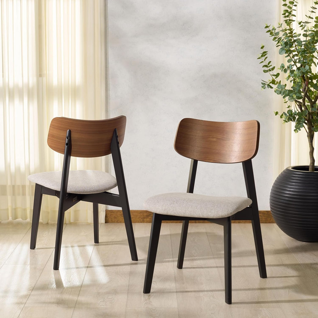 SAFAVIEH Couture Collection - Divya Walnut & Light Grey Dining Chair Set of 2, Mid-Century Modern Wood & Linen Upholstered Accent Chairs (SFV6710A-SET2)
