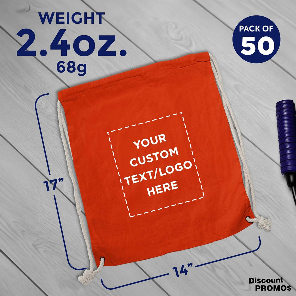 DISCOUNT PROMOS Custom Cotton Drawstring Backpacks Set of 50, Personalized Bulk Pack - Bring Everywhere You Go and For Everyday Use - Orange