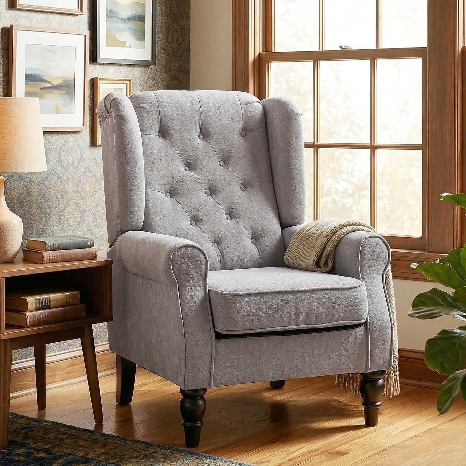 HOMCOM Mid-Century Modern Accent Chair, High Wingback Reading Chair, Button-Tufted Upholstered Fabric Armchair with Retro Wood Legs for Apartment, Living Room, Bedroom, Gray