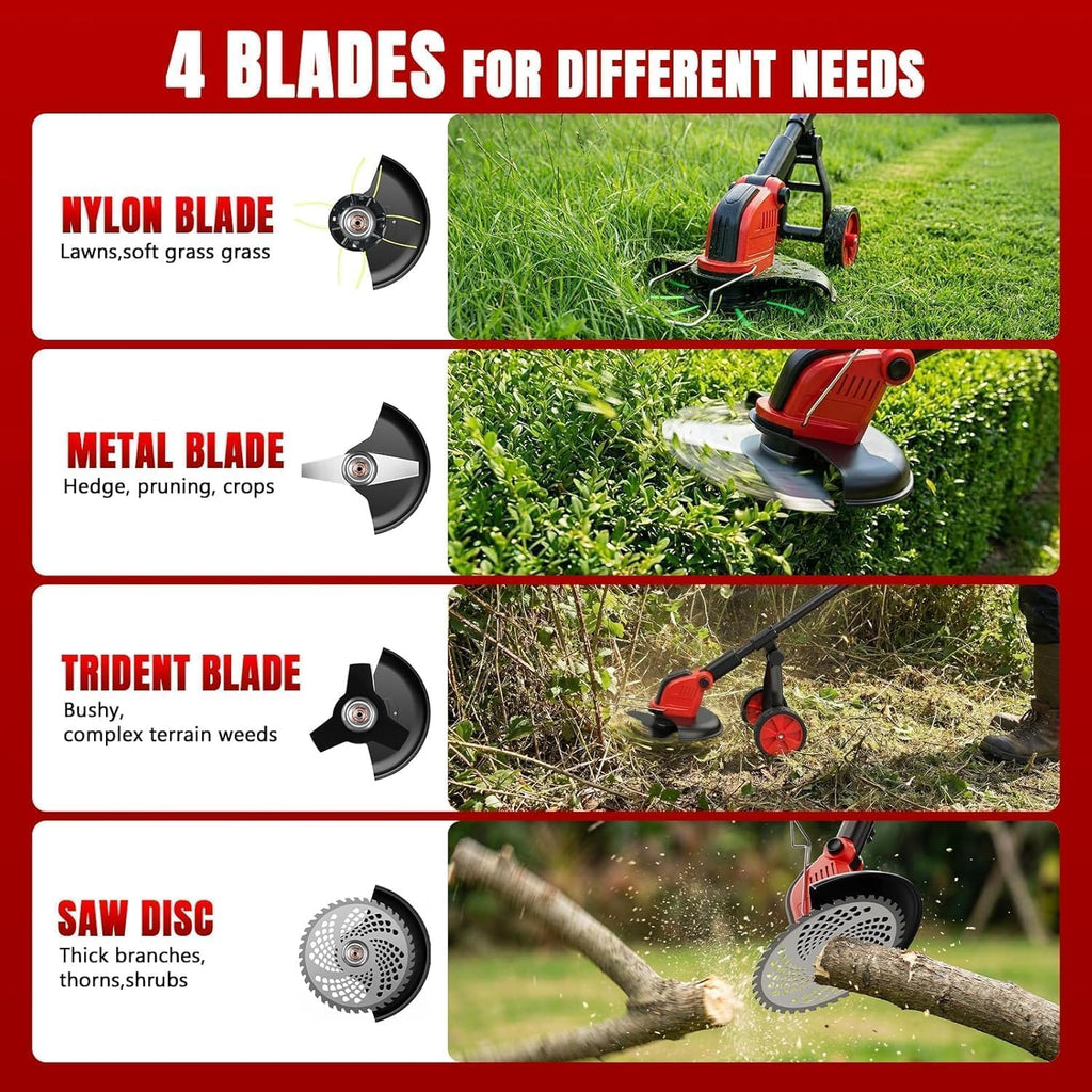 20000 RPM Electric Weed Wacker with Wheel,12″ Brushless Cordless Weed Eater Battery Powered,4-in-1 Brush Cutter/String Trimmer/Grass Edger/Tiller for Garden,Weed Trimmer,2 Battery (Black Red)