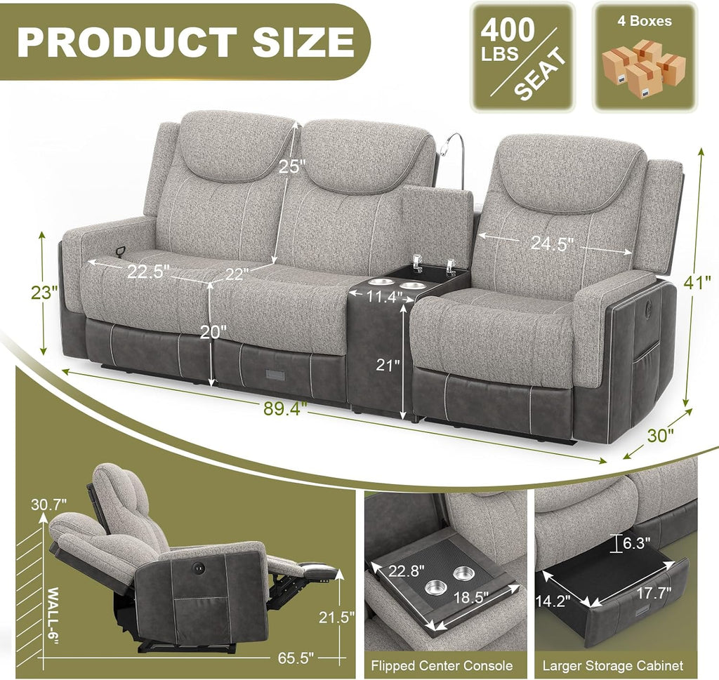 Dresegmt Recliner Sofa, 2 - Way Multi - Function Manual 3 Seater Couch with Cup Holders, Storage & USB Ports, Modern Multifunctional Sofa, Grey Linen & Leather Reclining Couch for Living Room